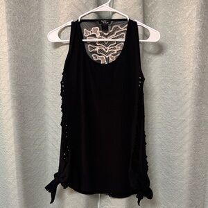 Black Tank Top with Spinal Lace Accent & vented sides. By Teenage Runway brand.